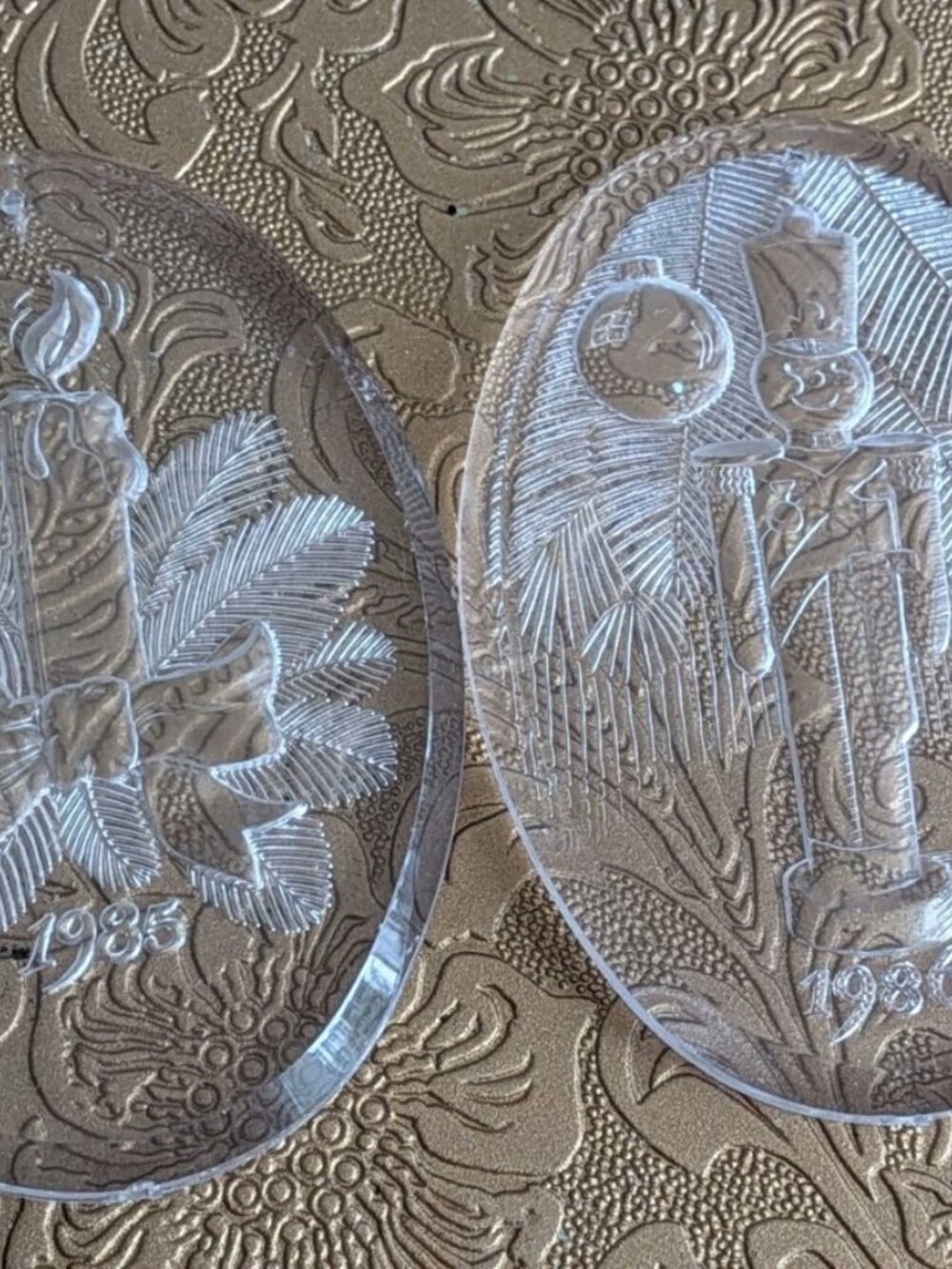 Set Of 2 Clear Acrylic oval 1985 & 1986 Christmas ornaments